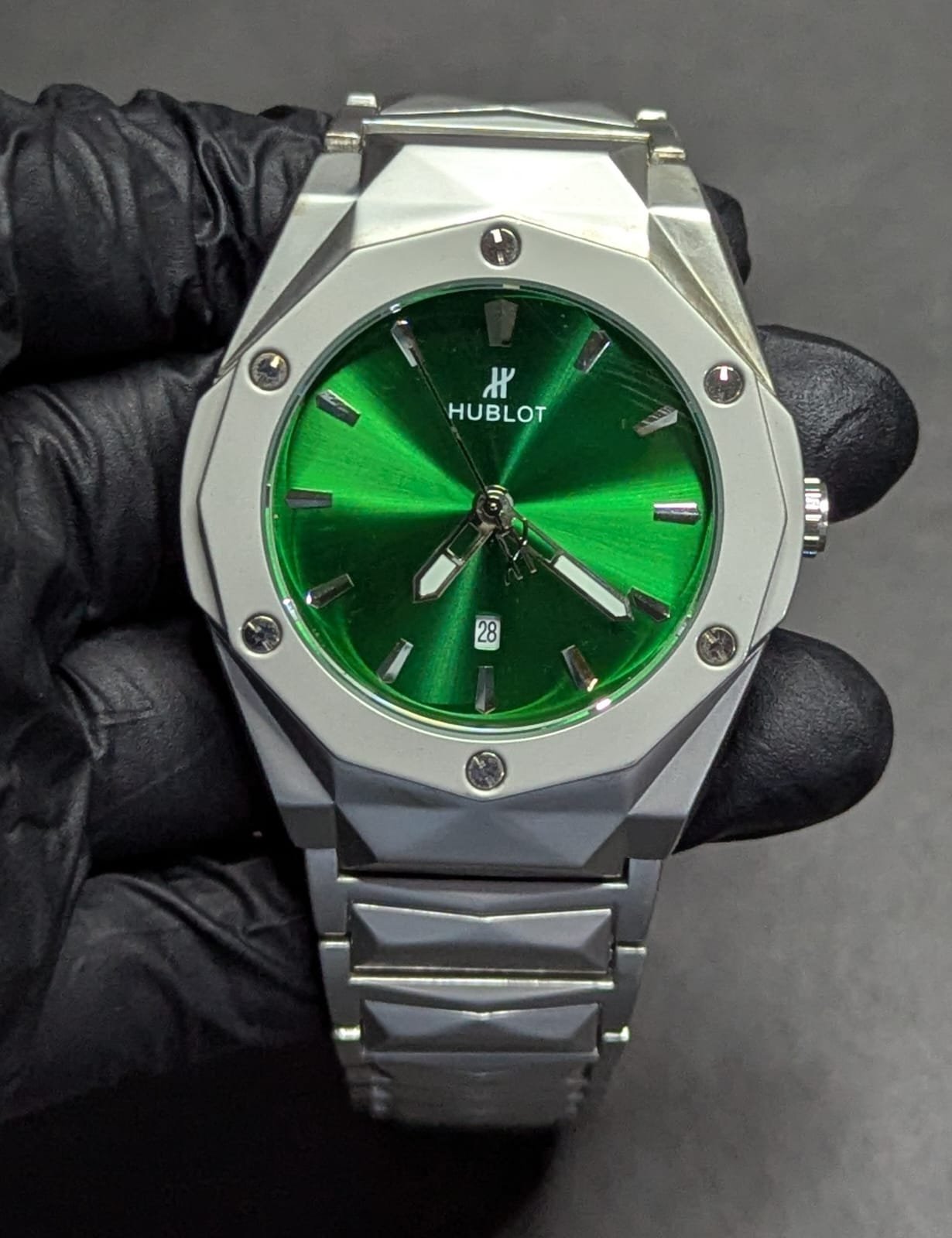Hublot Green dial with diamond cut chain and date just