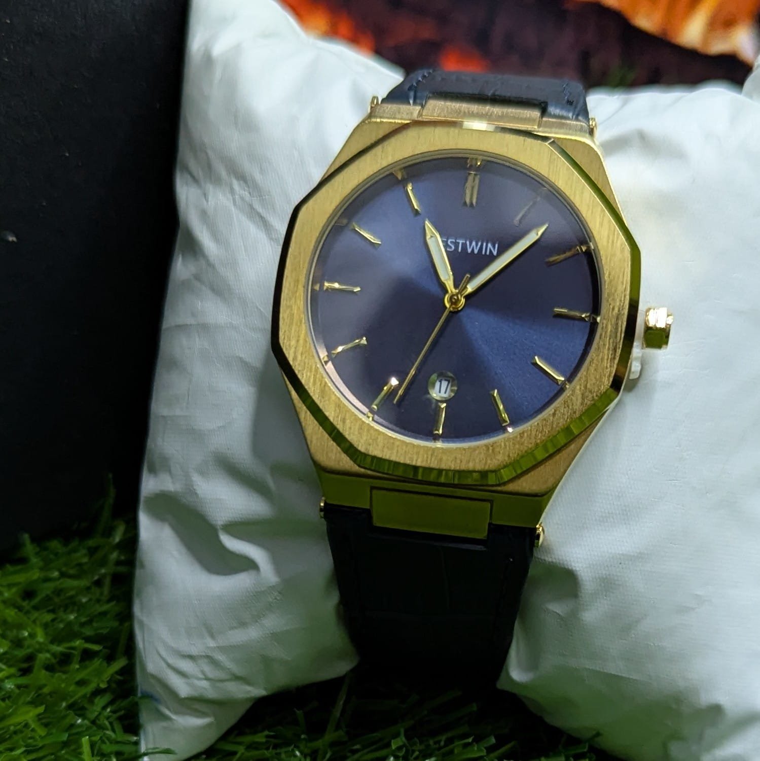 Bestwin Blue dial with leather strap and date just