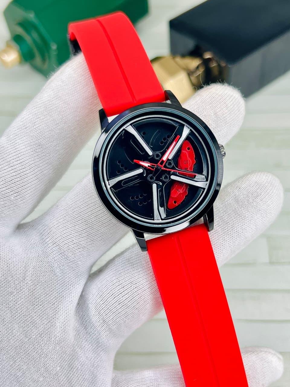 Red Rotating alloy rim watch with silicon strap