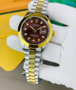 Rolex Golden silver chain with Mehroon dial and date just