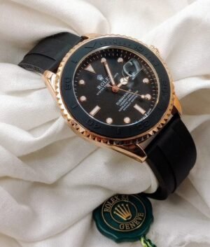 Rolex submariner black strap with rose gold black dial and date just