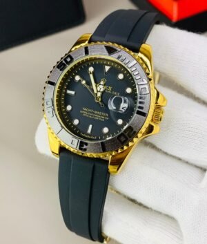 Rolex Submariner black strap with golden black dial and date just
