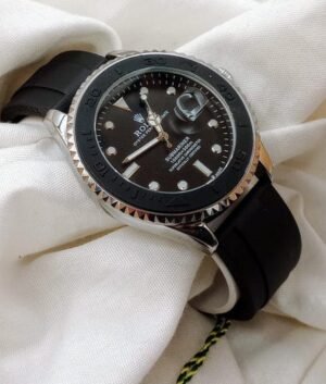 Rolex submariner black strap with silver black dial and date just