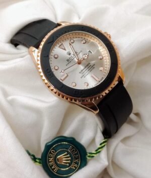 Rolex Submariner black strap with rose gold white dial and date just