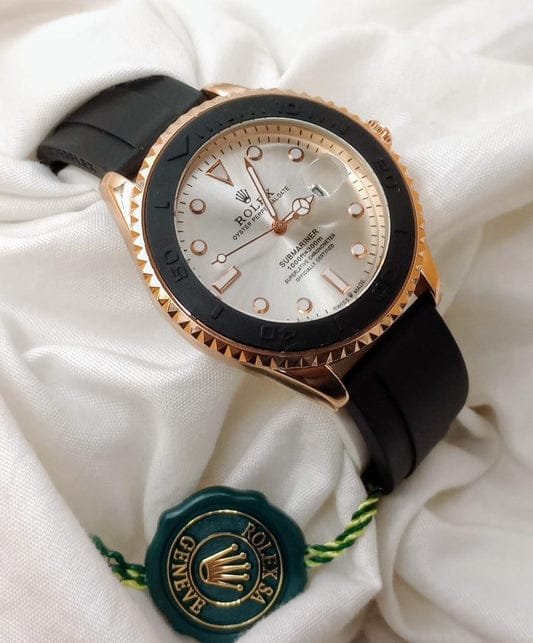 Rolex Submariner black strap with rose gold white dial and date just