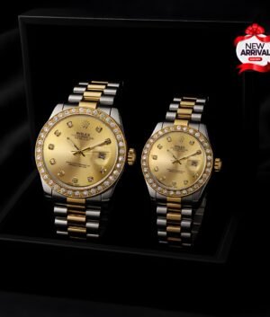Rolex Couple watch with golden silver chain  and golden dial