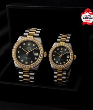 Rolex Couple watch with golden silver chain and black dial