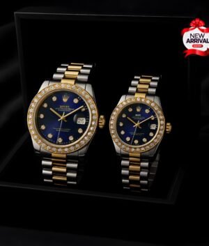 Rolex Couple watch with golden silver chain and blue dial