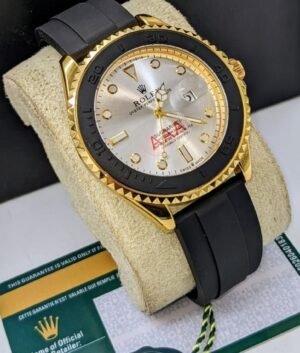 Rolex Submariner black strap with golden white dial and date just