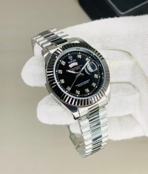 Rolex fluted bazel black silver chain with black dial and date day funtion