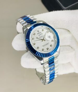 Rolex fluted bazel blue silver chain with white dial and date day function