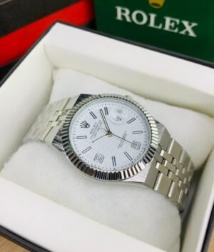 Rolex Land Deweller Silver Chain with white dial and date just