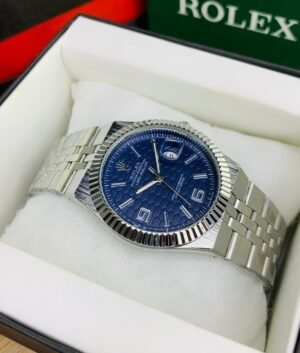 Rolex Land Deweller silver chain and blue dial with date function