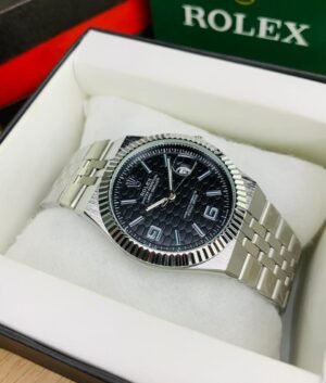 Rolex Land Deweller silver chain and black with date function